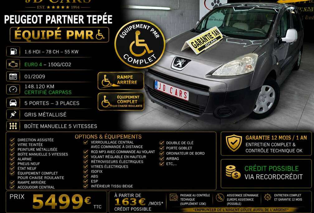 Peugeot PARTNER TEPEE 1.6 HDI ‼️EQUIPEMENT PMR‼️GARANTIE 1 AN CTOK