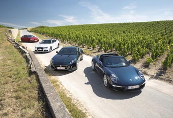 Audi RS5, BMW M4, Jaguar F-Type S en Porsche 911 Targa 4S : Downsizing #1