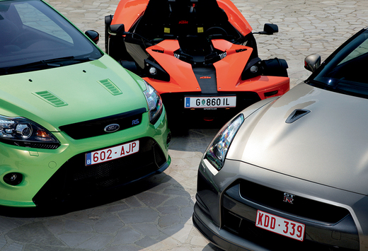 Ford Focus RS, KTM X-Bow & Nissan GT-R : Trio van azen