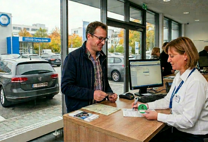 Un automobiliste belge achète sa vignette écologique allemande dans un centre allemand en Allemagne