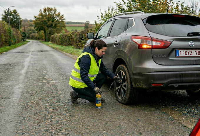 Femme réparant son pneu en bord de route avec une bombe anticrevaison