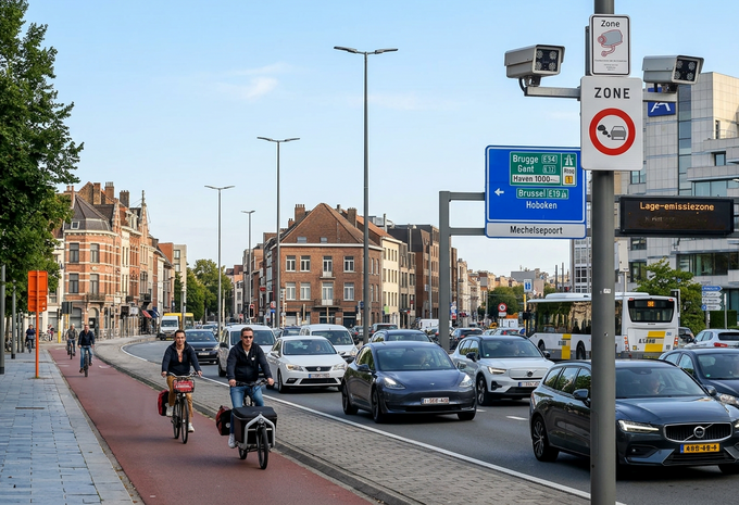 Rue d'entrée dans la ville d'Anvers avec panneau LEZ et circulation routière
