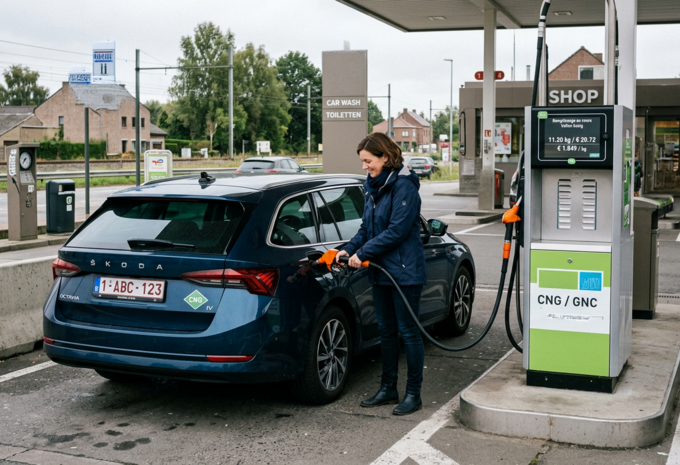 Femme faisant le plein d'une Skoda roulant au CNG (GNV), en Belgique