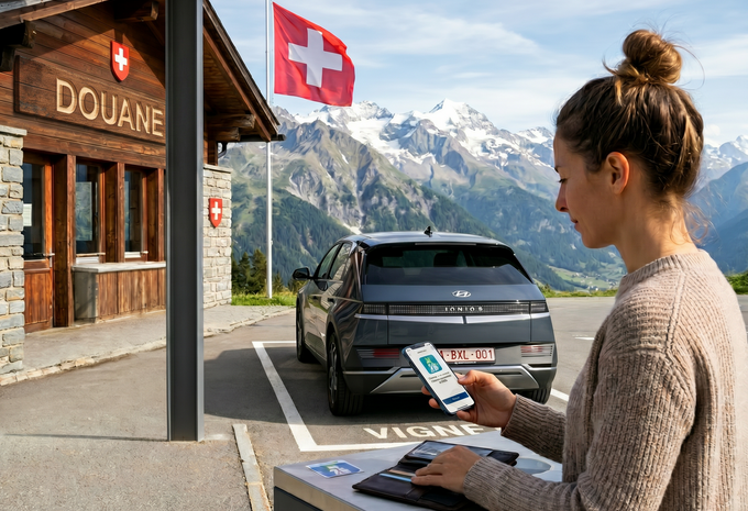 Touriste belge achetant la vignette suisse numérique - Photo IA