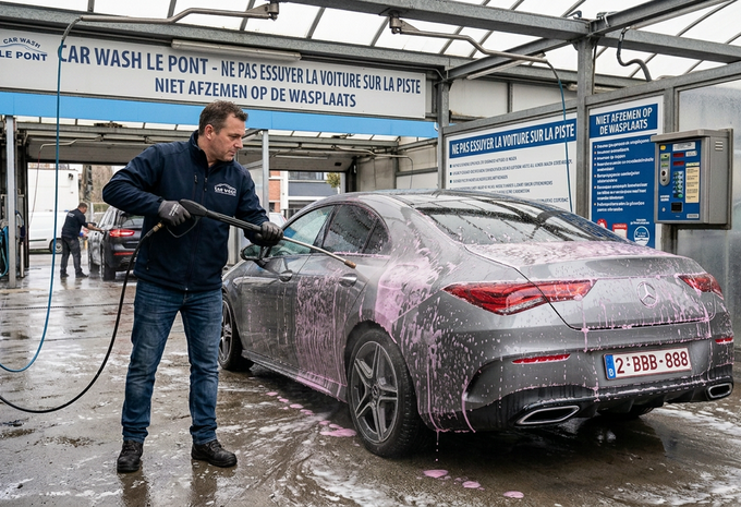 Lavage d'une voiture dans une station de lavage avec jet à haute pression - Photo IA