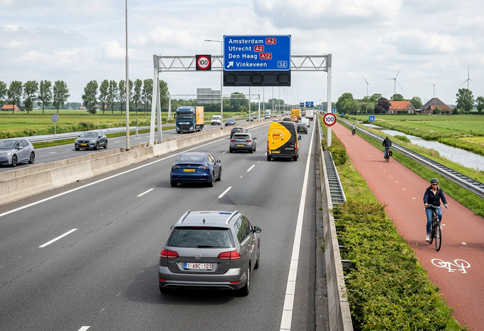 Autoroute aux Pays-Bas et piste cyclable parallèle à la chaussée