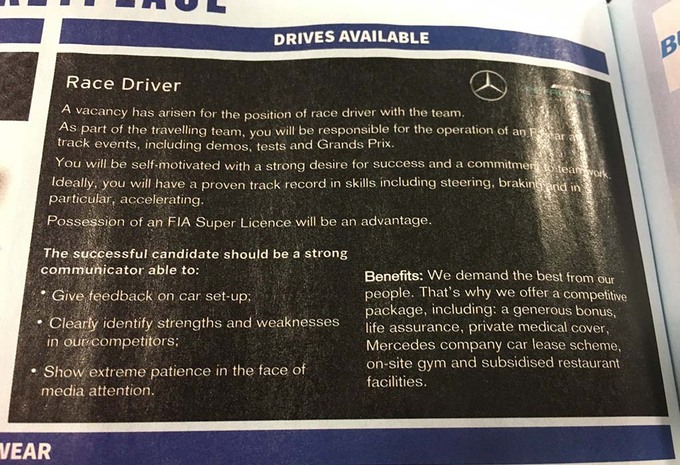 INSOLITE – Mercedes passe une annonce pour un pilote de F1 #1
